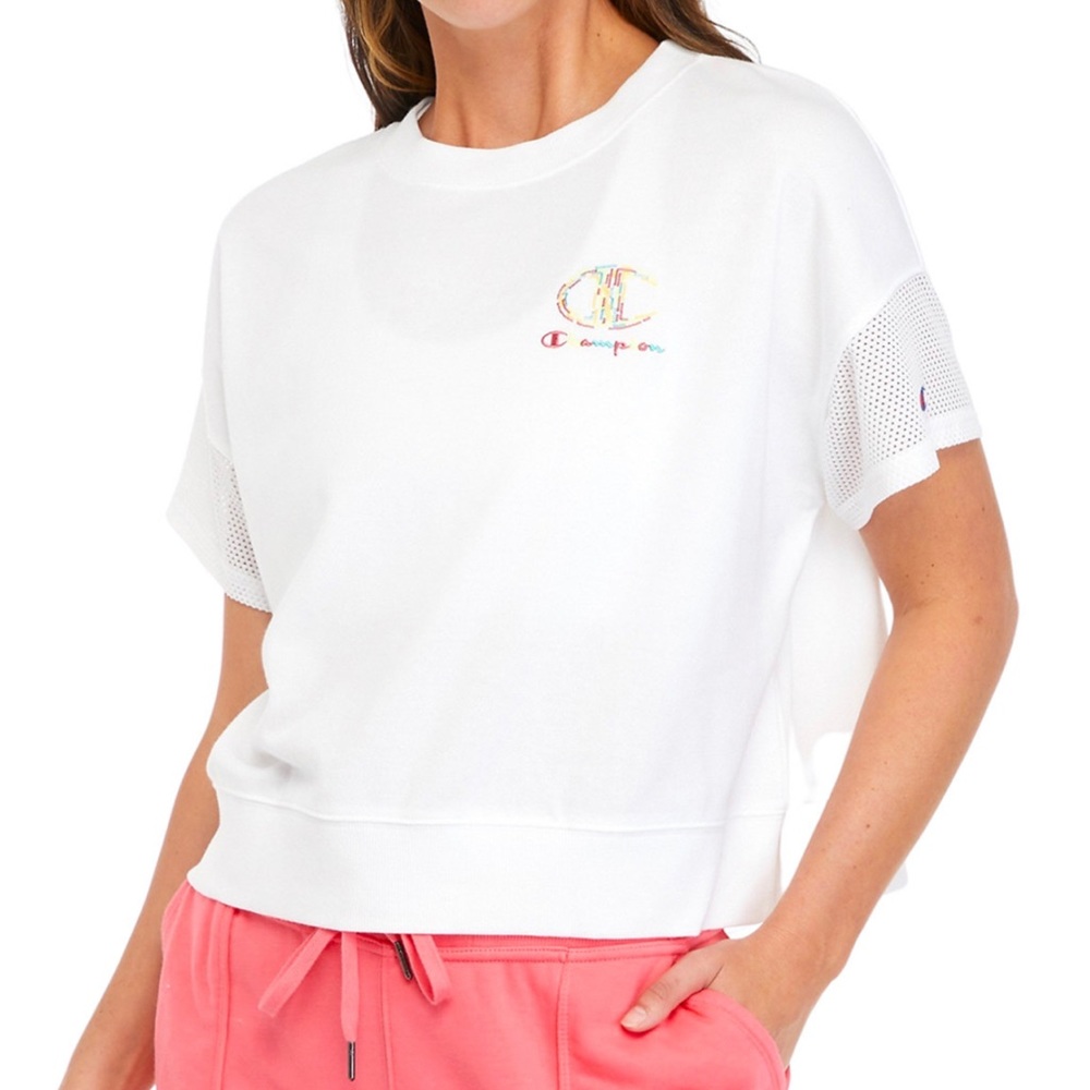 NWT Champion Colorful Embroidered Logo White Top Relaxed Fit - S M L XL